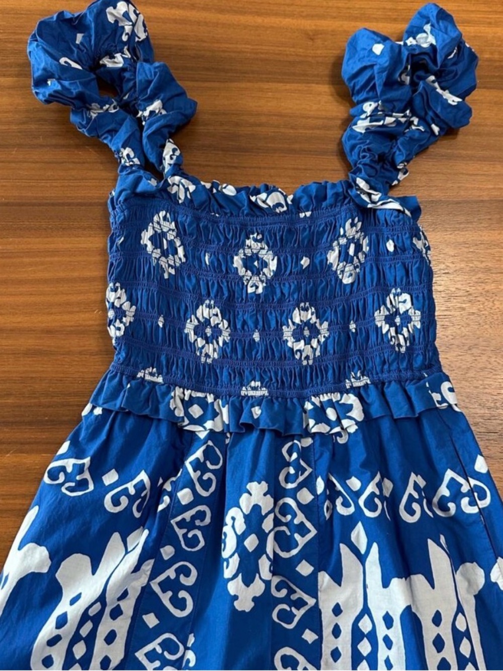 Sea NY Blue Cotton Sonia Print Smocked Coastal Midi Dress, Tropical Resort, XS - Picture 6 of 13